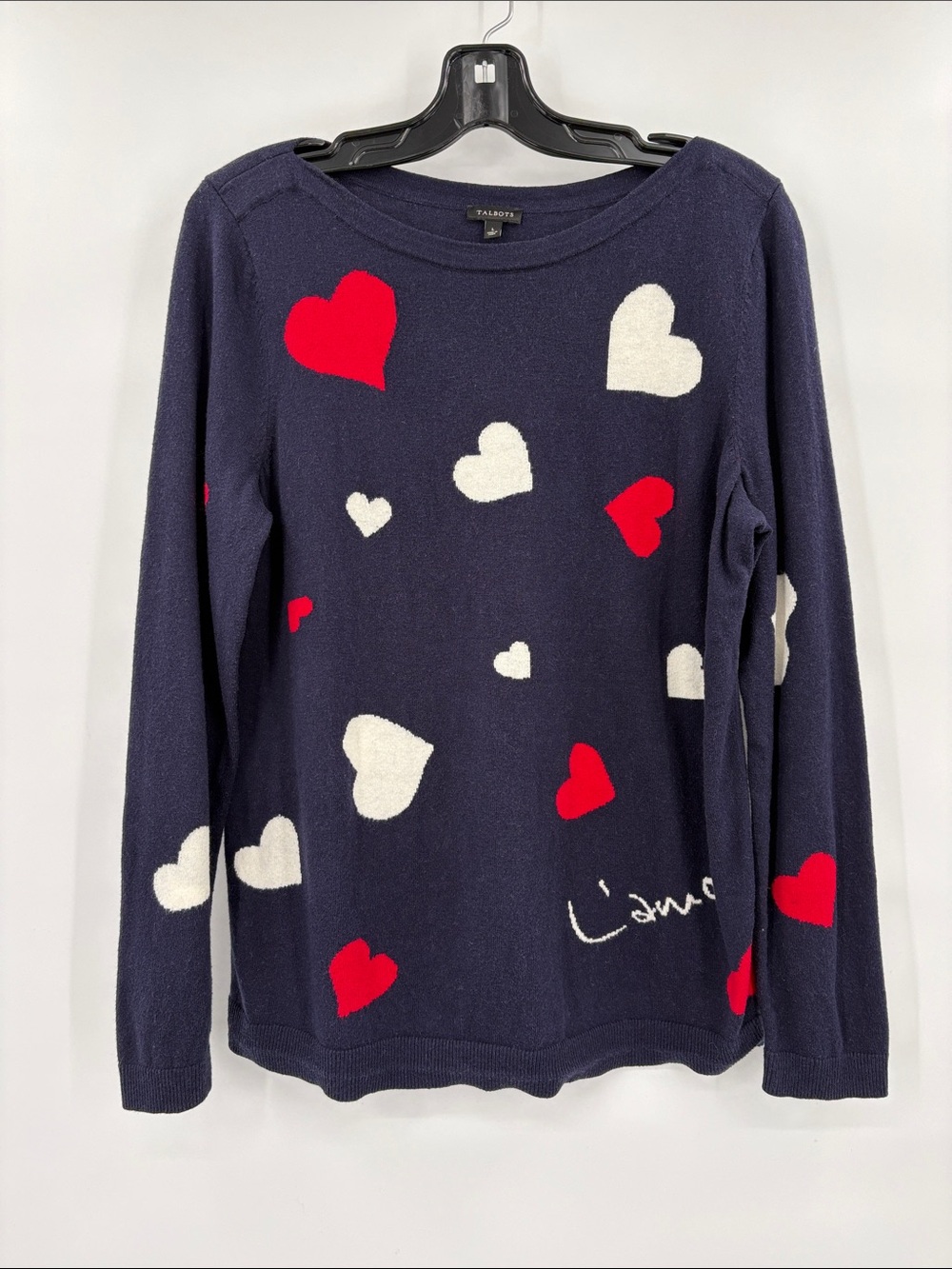 Talbots Navy Crewneck Sweater with Red & White Heart Motif Size L